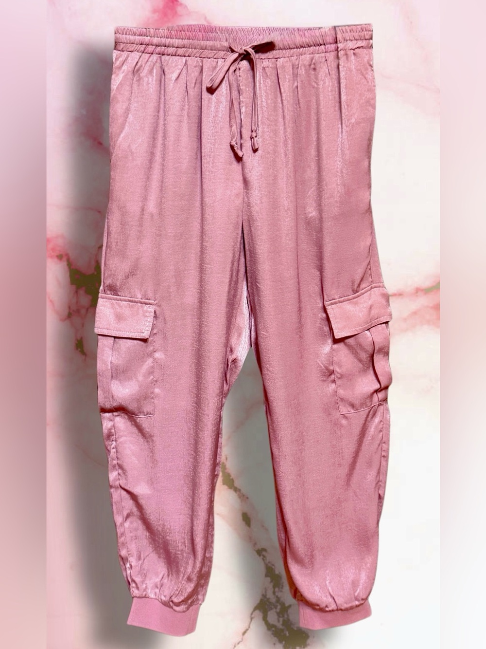 Baevely NWT Women's Satin Cargo Joggers in Dusty Pink size Large